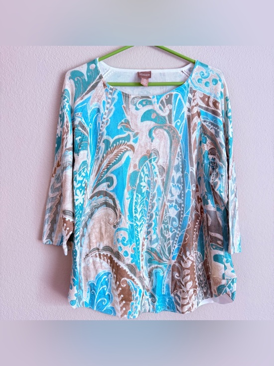 Chico's Tops - Chico's Blue/Teal Paisley Cotton Blend Knit Top 3/4 Sleeve Pullover Boho Size 3